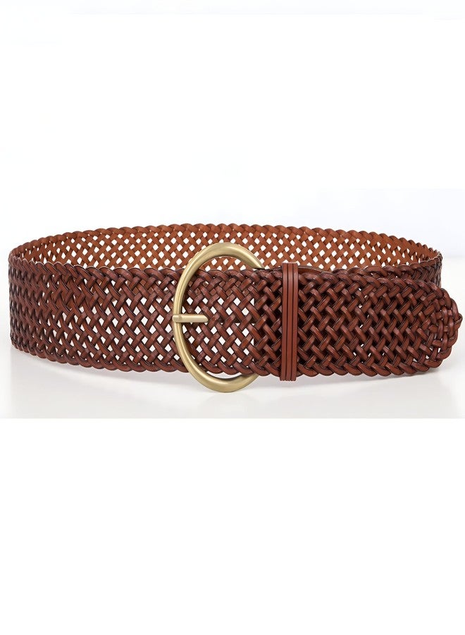 ANNULOYA 2 Inch Wide Leather Braided Belts for Women Hand Made Soft Woven Waistbands with Round Golden Pin Buckle (Brown) - Image 3